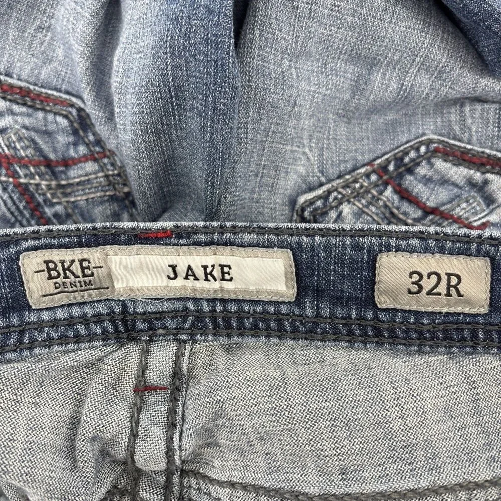 BKE Jeans Mens 32 Jake Straight Leg Blue Denim Stretch Whisker Faded Casual